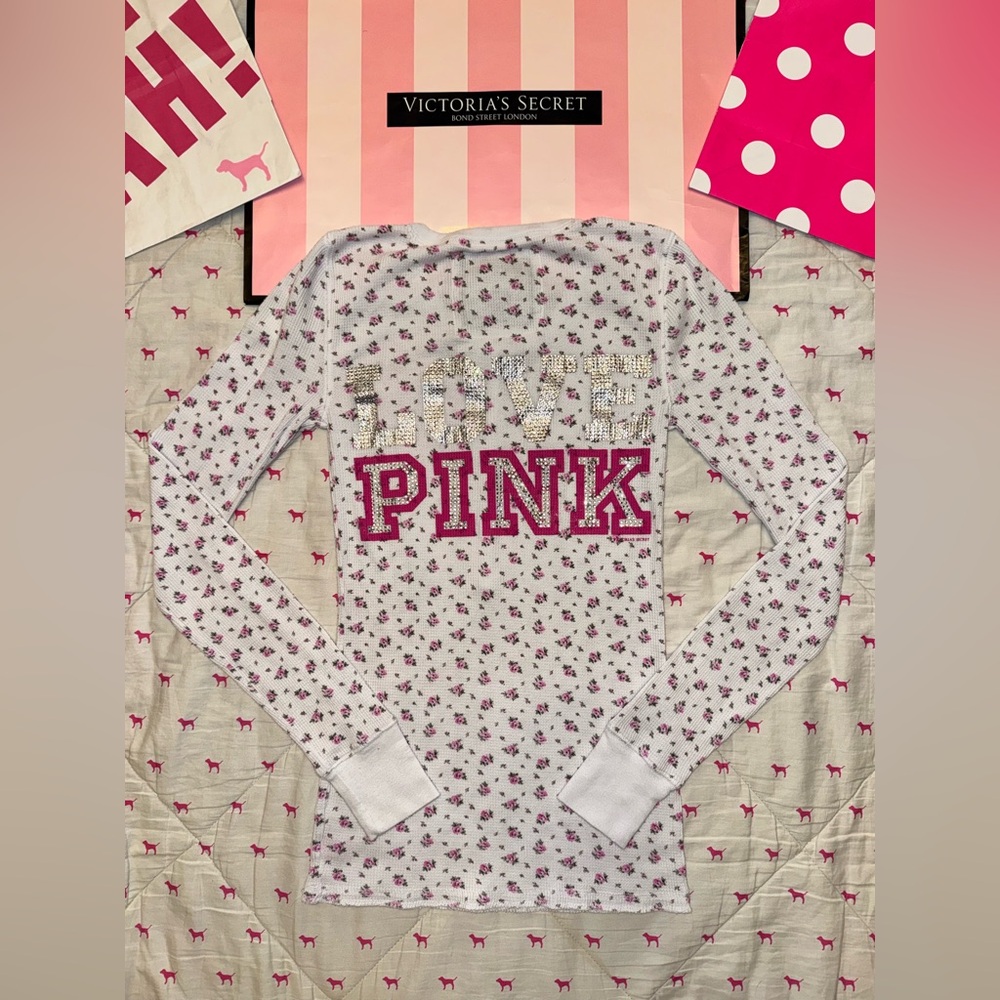PINK Victoria's Secret White and Pink Long Sleeve Tee